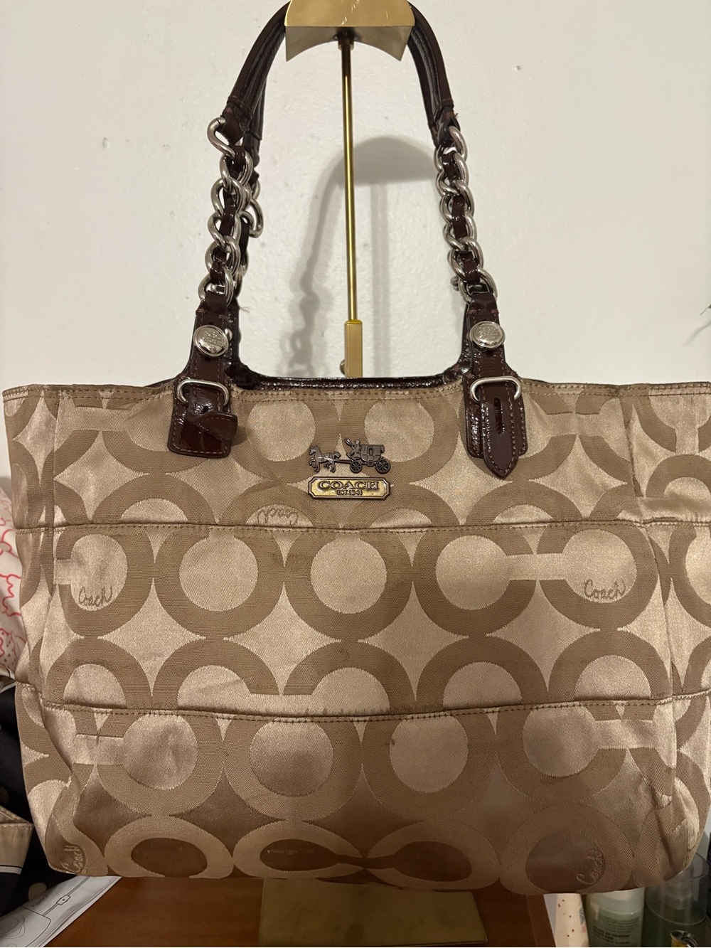 Coach Khaki and Brown Signature Tote with Chain-Detail Handles
